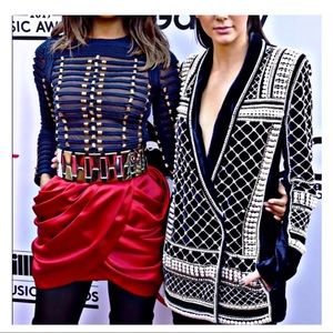 Balmain and H&M red skirt